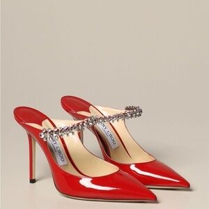 Jimmy Choo Bing 100 Red Patent Leather Heeled Mules with Crystal Strap NWT